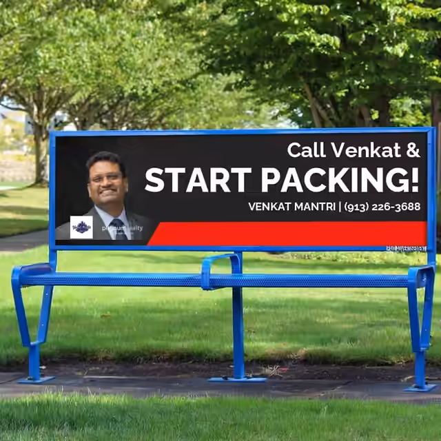 Bus bench ad for Venkat Mantri: Call Venkat & start packing